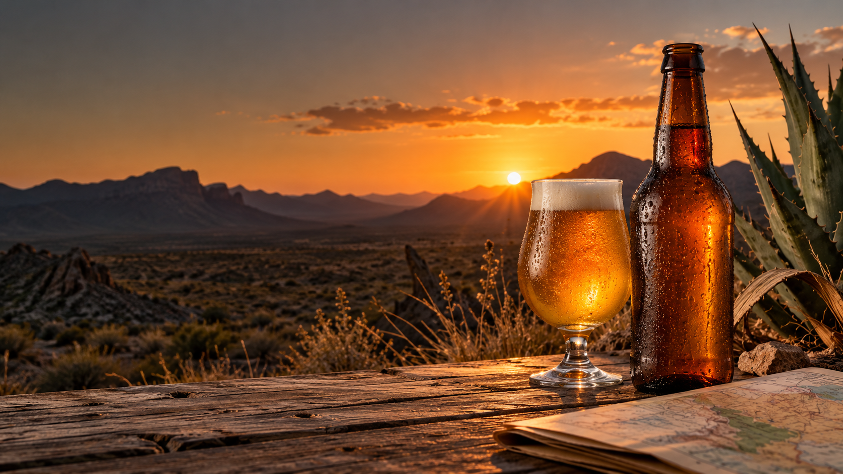Chilled craft beer and tasting glass on a desert table at sunset