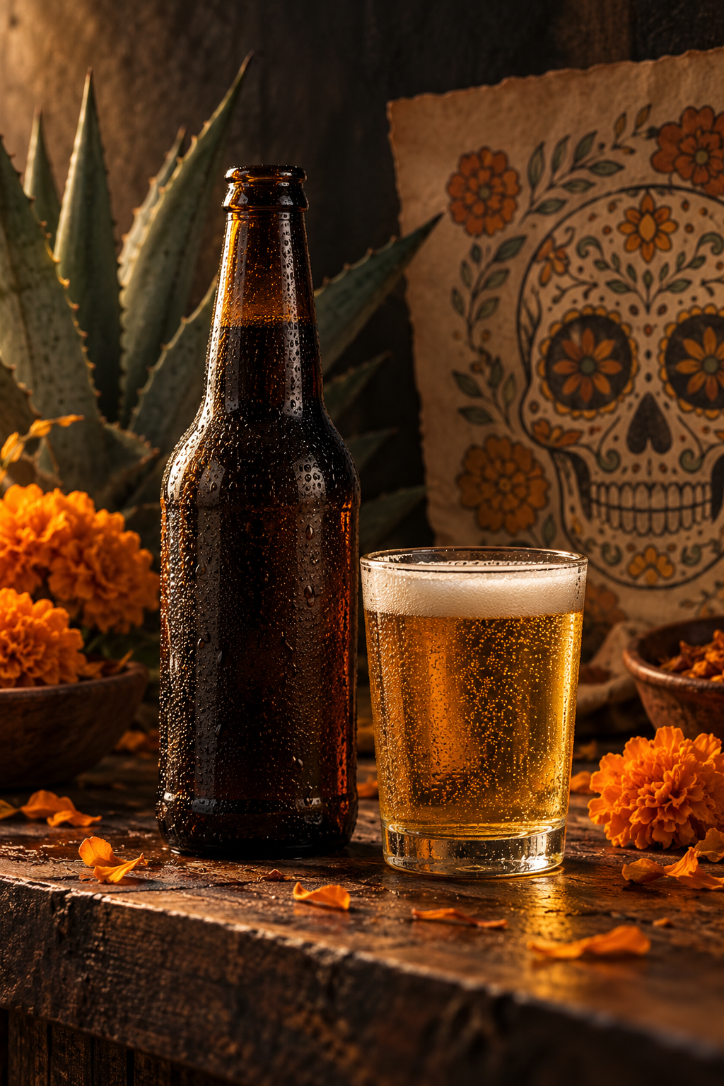 Moody still life of craft beer, agave, and marigolds